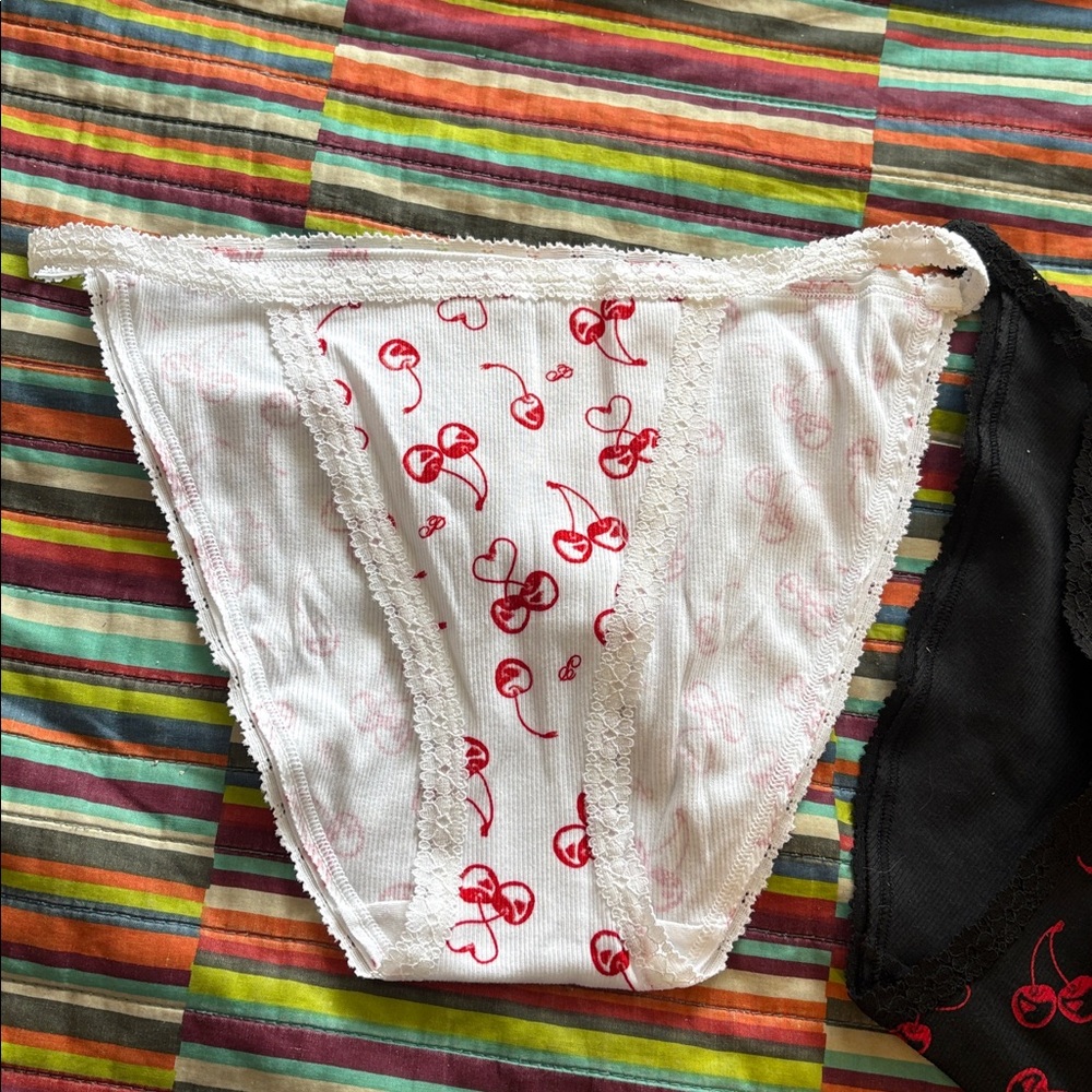 2- PINK Victoria's Secret Cherry Print White Panties size medium, new tag - Picture 2 of 7